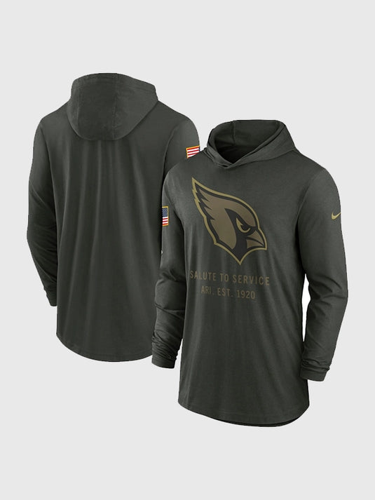Nike Arizona Cardinals 2025 Salute to Service forest green hooded pullover T-shirt crafted with lightweight Dri-FIT fabric for comfort.