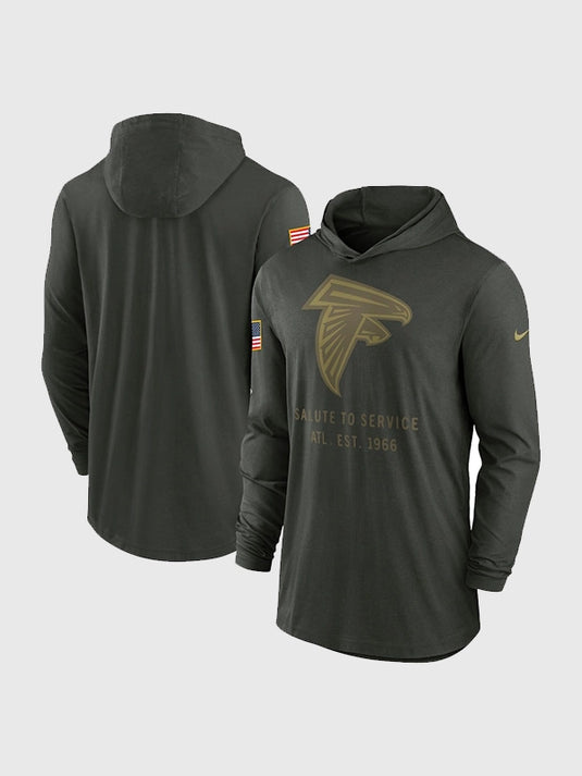 2025 Atlanta Falcons Salute to Service forest green hoodie T-shirt by Nike featuring breathable sideline-inspired athletic design.