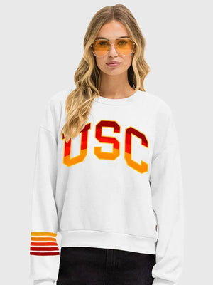 Recreated Aviator Nation 2026 University of Southern California crew sweatshirt in white with soft fleece interior and classic pullover design