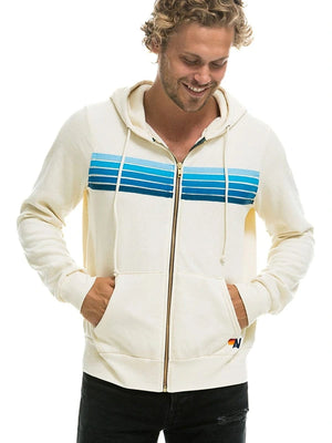 Black fleece zip‑up hoodie inspired by Aviator Nation’s 5‑Stripe design and Super Bowl LX event style with nostalgic retro stripes