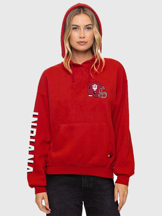 Red Aviator Nation hoodie featuring Indiana Hoosiers 2025 National Champions graphics and soft fleece texture