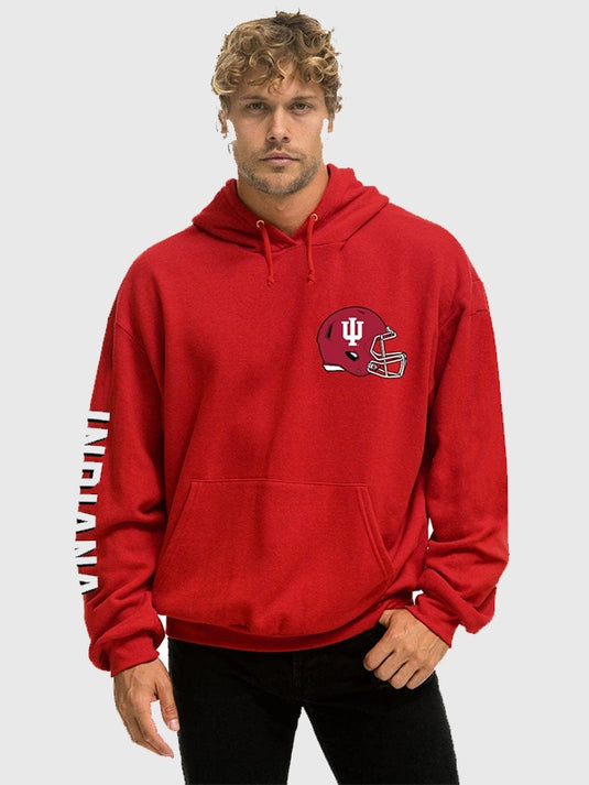 Aviator Nation red pullover hoodie honoring Indiana Hoosiers 2025 National Championship with cozy everyday wear