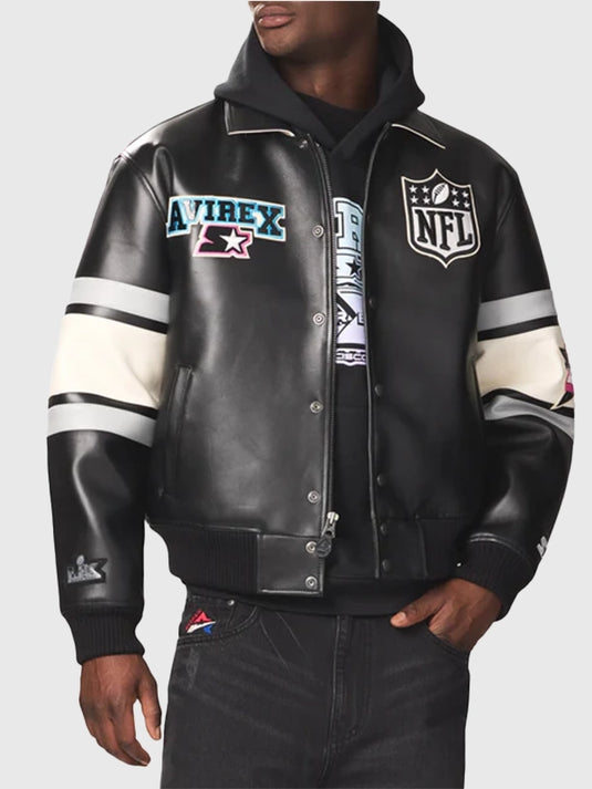 Avirex x Starter Super Bowl LX leather bomber jacket in black featuring a classic bomber profile