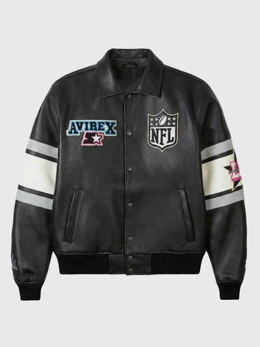 Avirex x Starter Super Bowl LX black leather bomber jacket in unisex fit with classic varsity styling