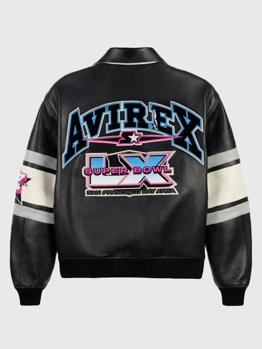 Unisex Avirex x Starter Super Bowl LX black leather bomber jacket with premium outerwear look