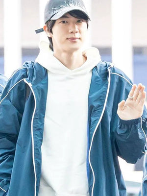 RECREATED Musinsa Keep Swimming BTS jacket in blue with lightweight fabric and clean streetwear-inspired design