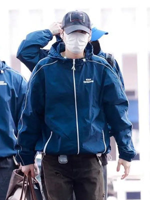 Keep Swimming BTS jacket recreated in blue featuring modern fit and casual everyday wear appeal