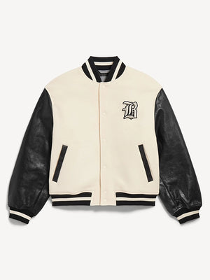 Unisex NBA x Balenciaga 2026 collaboration wool varsity jacket in cream with black leather sleeves and bold courtside energy