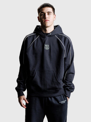 Recreated grey fleece hoodie with Barça Aftermatch branding and cozy hooded pullover style