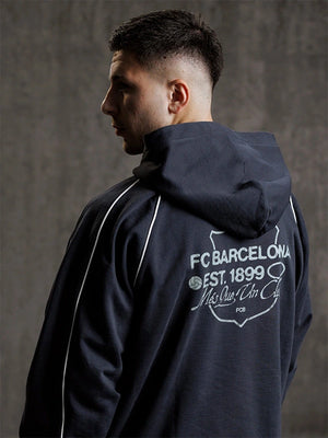 Recreated Barça Aftermatch Collection grey fleece hoodie with relaxed unisex fit and club‑inspired graphic