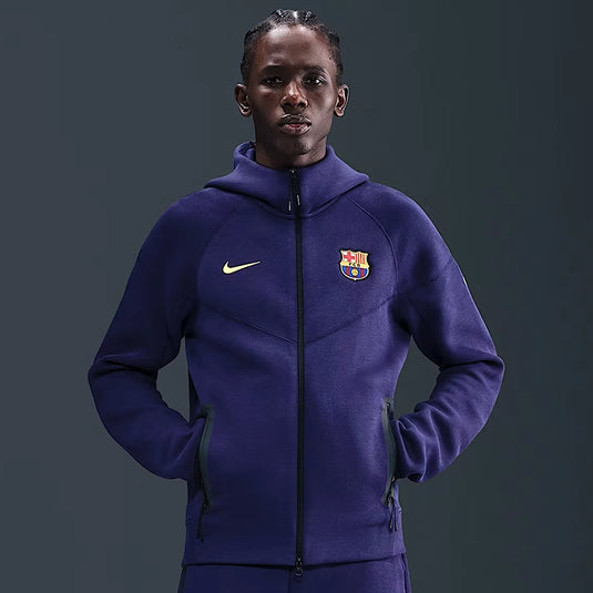 Nike FC Barcelona Tech Windrunner hoodie featuring a sleek full-zip design and soft fleece fabric.