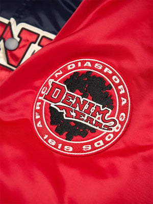 Recreated Denim Tears 2026 baseball satin jacket with varsity styling in navy and red and refined detailing