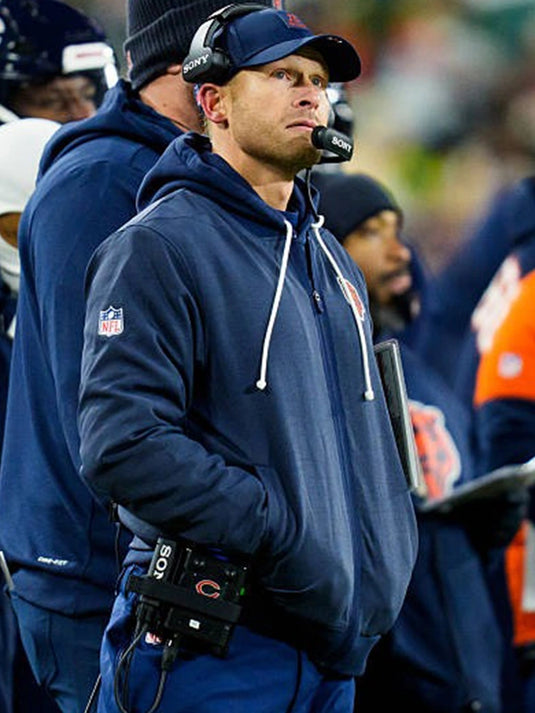 Recreation of the Nike 2025 Chicago Bears navy bomber jacket worn by Coach Ben Johnson on the sideline