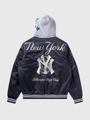 RECREATED BBC x New York Yankees Navy Satin Jacket showcasing a clean silhouette with modern streetwear and baseball-inspired detailing