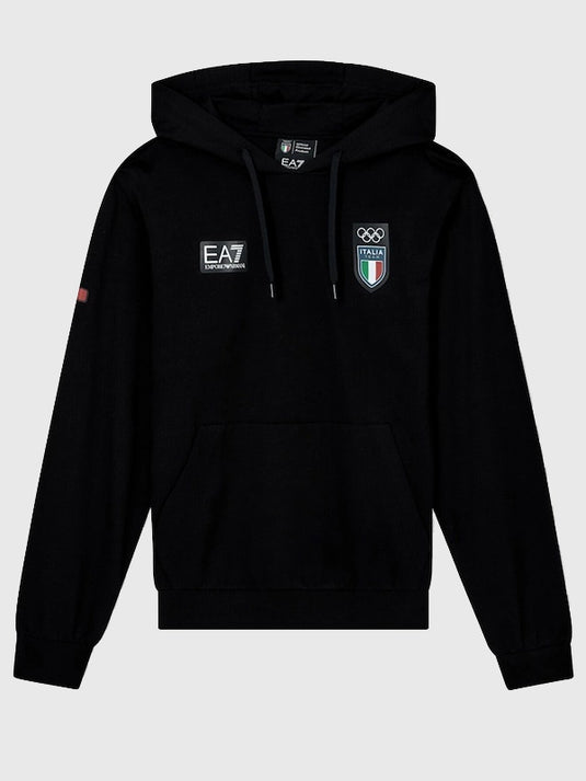 Milano Cortina 2026 Winter Olympics inspired black fleece pullover hoodie combining Team Italy identity with EA7 Emporio Armani sportswear design