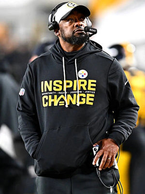 Black Mike Tomlin 2025 Nike sideline hoodie highlighting the Inspire Change theme and statement wording