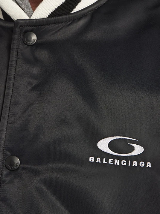 Balenciaga x NBA 2026 black satin jacket with bold presence, relaxed coach silhouette, and premium fashion vibe