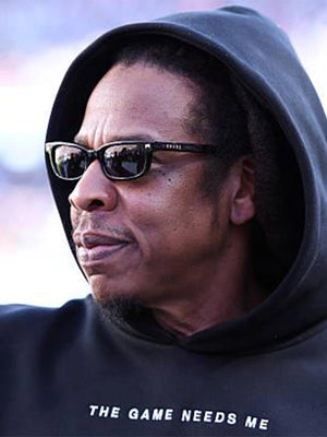 Recreated Super Bowl LX Jay-Z black fleece hoodie with bold chest slogan and relaxed, streetwear silhouette