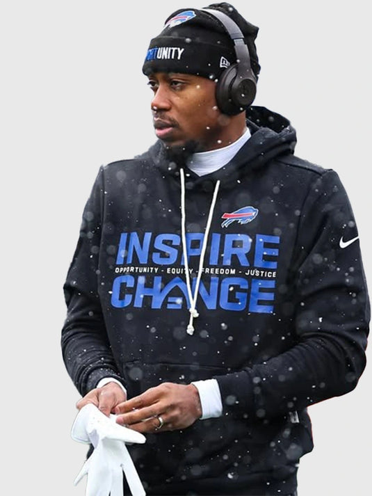 Black Buffalo Bills 2025 Nike sideline hoodie highlighting the Inspire Change theme and meaningful text elements