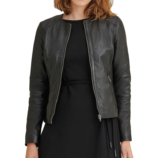 Womens Collarless Black Leather Jacket