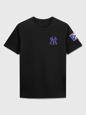 RECREATED Black New York Yankees New Era Puerto Rico Country Flag T-Shirt crafted from comfortable cotton with Yankees themed graphic detailing