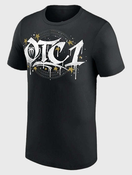 Recreated black Roman Reigns OTC-1 graphic t-shirt with gold detailing, inspired by WWE RAW 2026 merchandise styling.