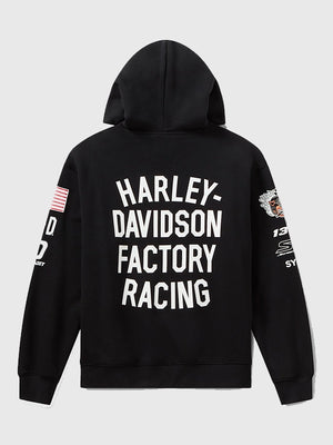 Black Harley Davidson Factory Racing fleece hoodie featuring adjustable hood and rib-knit hem for a structured fit