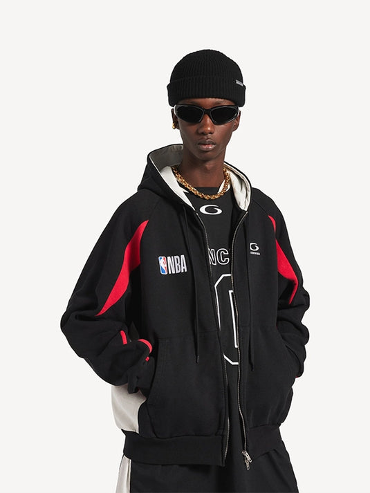 NBA x Balenciaga 2026 black fleece hoodie with oversized silhouette, full zip design, and high-fashion street energy