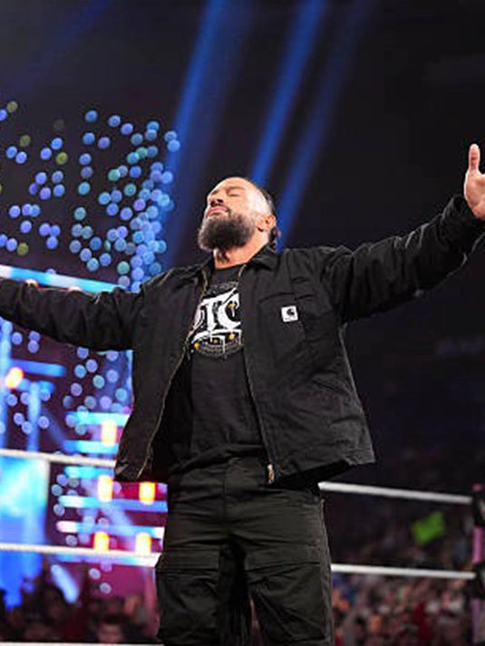 Black Carhartt jacket recreated from WWE RAW 2026 styling, inspired by Roman Reigns and designed with a durable unisex workwear silhouette.