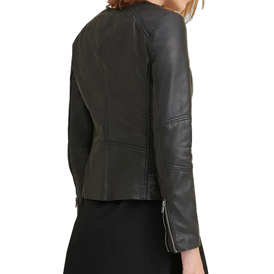 Womens Collarless Black Leather Jacket