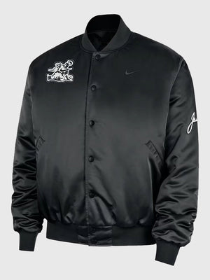 Nike Sportswear Club Black Satin Bomber Jacket with Jackie Robinson themed graphics and structured bomber fit