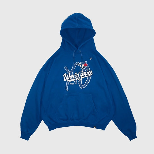 Blue Toronto Blue Jays and The Weeknd 2025 Legacy Hoodie featuring World Series graphics and durable Fanatics design.