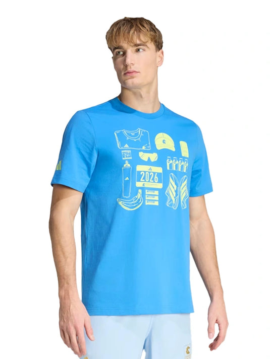RECREATED Adidas Boston Marathon 2026 unisex short-sleeve t-shirt in blue with bold marathon-inspired graphics