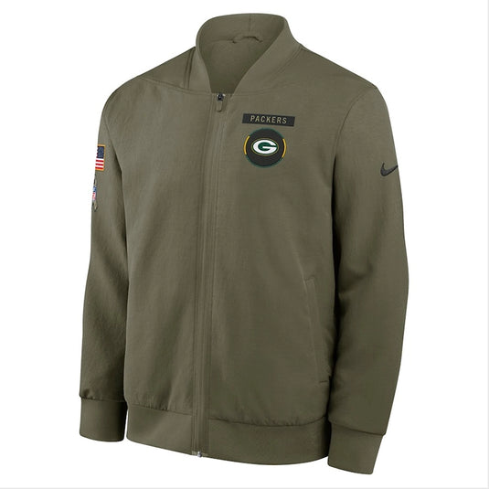 Nike olive green 2025 Salute to Service bomber jacket representing the Green Bay Packers sideline outerwear collection.