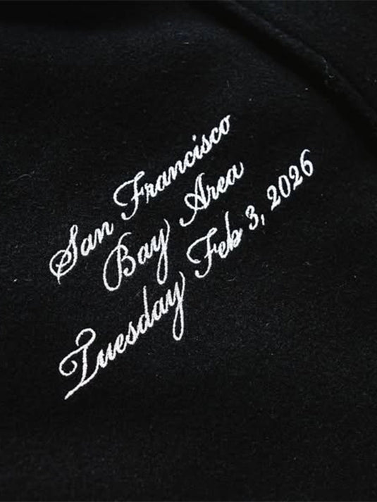 RECREATED Abercrombie Pro Bowl Games 2026 wool varsity jacket in black with classic leather sleeve styling