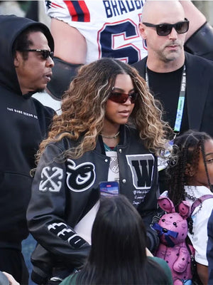 Recreated Super Bowl LX Blue Ivy Carter black leather bomber jacket with Off‑White inspired detailing for fan fashion