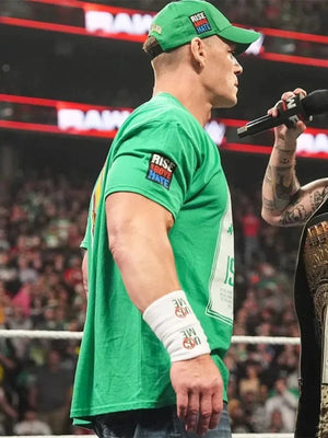 2025 John Cena RAW T-shirt in green featuring bold Boston graphics and breathable cotton material.