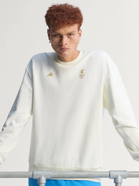 RECREATED Adidas Boston Marathon 2026 ALL SZN crewneck sweatshirt in off-white with bold graphic design