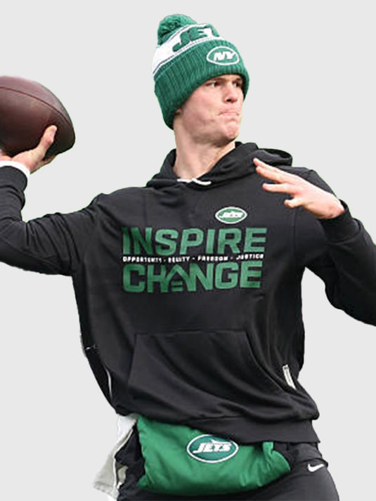 Brady Cook Jets inspired black hoodie highlighting Opportunity Equity Freedom Justice Inspire Change theme
