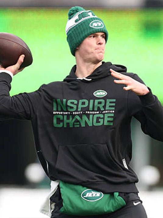 Brady Cook inspired black sideline pullover hoodie featuring New York Jets Inspire Change 2025 design by Nike