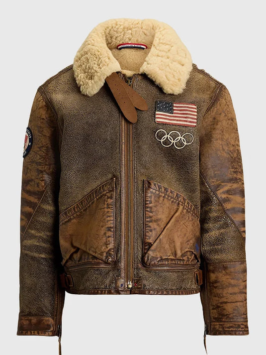 Recreated Polo Ralph Lauren Team USA 2026 Winter Olympics brown leather flight jacket with classic aviator styling