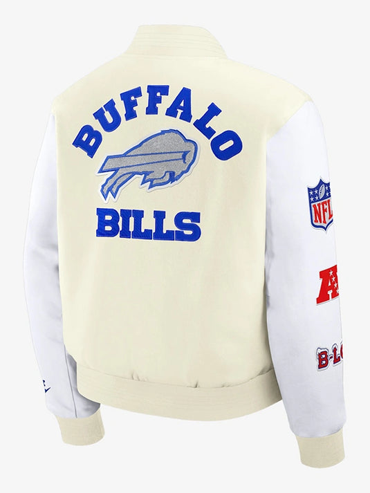 Buffalo Bills Nike 2025 varsity jacket from the Rivalries Collection featuring contrast leather sleeves and wool texture.