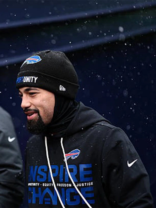 Buffalo Bills 2025 Inspire Change black Nike sideline hoodie featuring Opportunity Equity Freedom Justice messaging