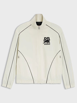 RECREATED Hugo x Red Bull 2026 Bull Motif White Track Jacket with full zip front, smooth performance fabric, and racing inspired style