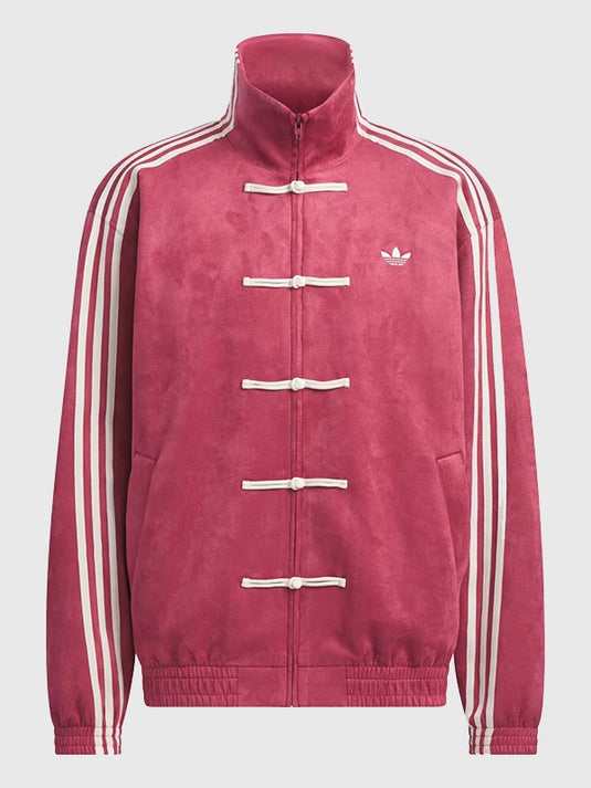 Burgundy suede leather Tang jacket featuring Chinese New Year inspired Adidas design details