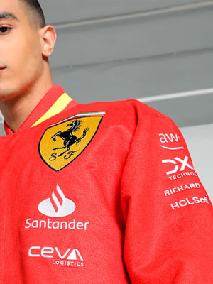 RECREATED Team Scuderia Ferrari Red Motorsport Varsity Jacket combining classic collegiate design with high-performance aesthetics