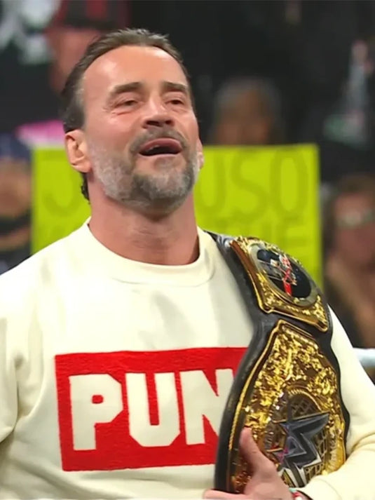 Beige CM Punk Raw World Champion sweatshirt with comfortable relaxed fit.