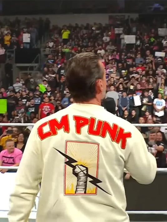 2025 CM Punk-inspired Raw World Champion sweatshirt in beige cotton fleece.