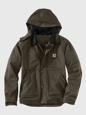 Olive green RECREATED Carhartt Full Swing Steel hooded jacket featuring a structured, practical fit