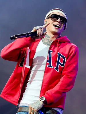 RECREATED Coachella-inspired Central Cee hoodie in red fleece, designed with zip-up front, integrated cap detail, and oversized street silhouette